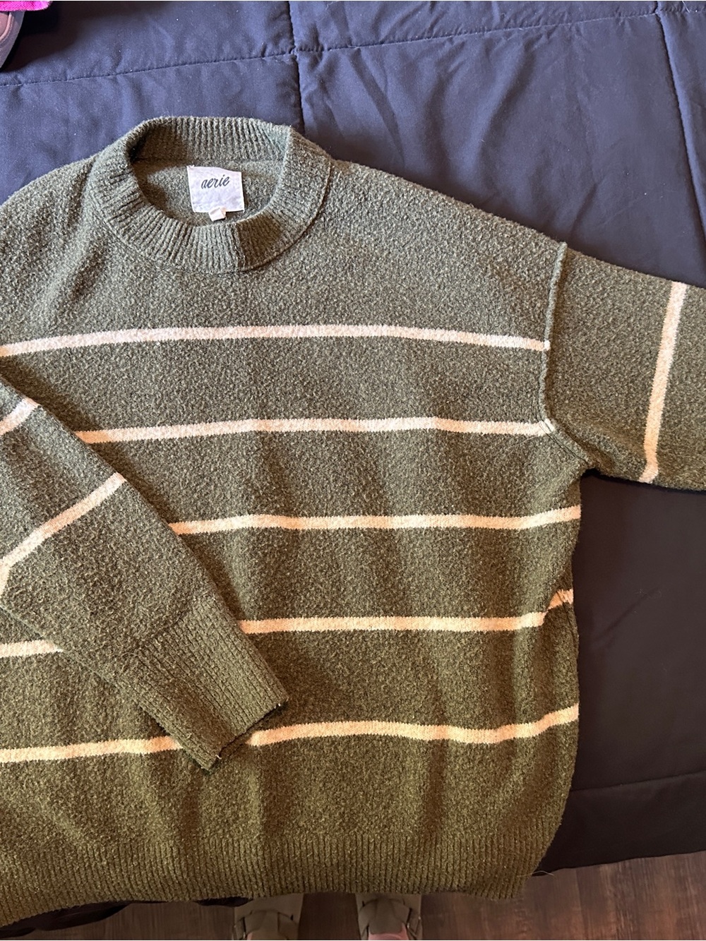 aerie Olive Green Crewneck Sweater with Cream Stripes